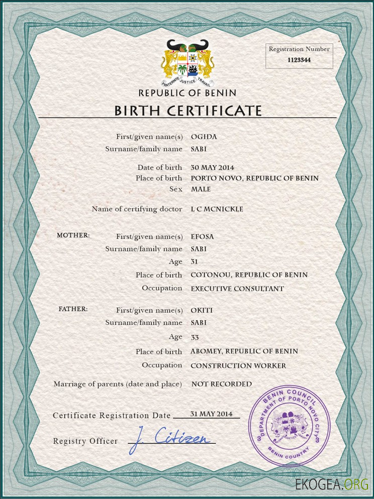 Modèle PSD de certificat de naissance de l'état civil du Bénin